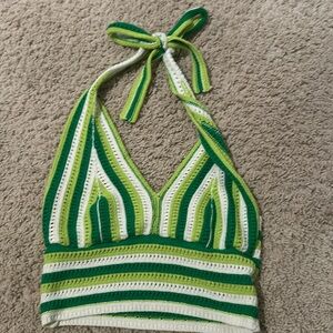 Striped Pattern Tie Backless Halter Crop Knit Top